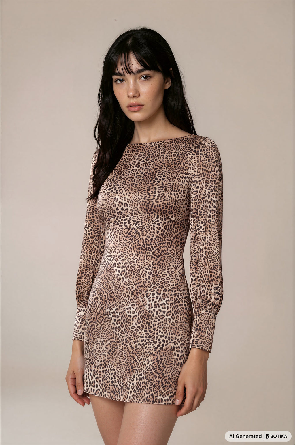 Krótka sukienka w panterkę z długim rękawem – zbliżenie fasonu, dekoltu i wzoru animal print.