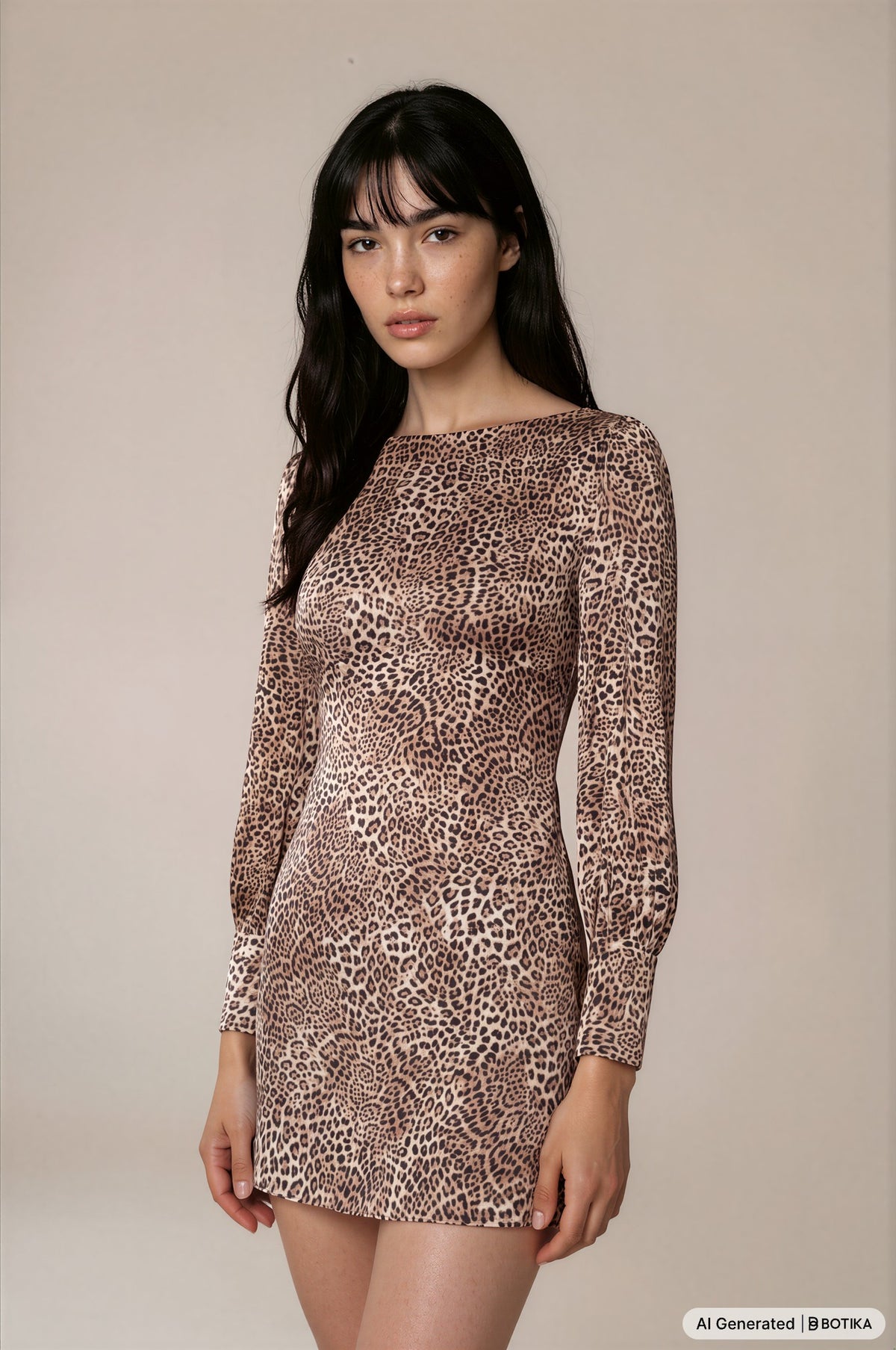 Krótka sukienka w panterkę z długim rękawem – zbliżenie fasonu, dekoltu i wzoru animal print.