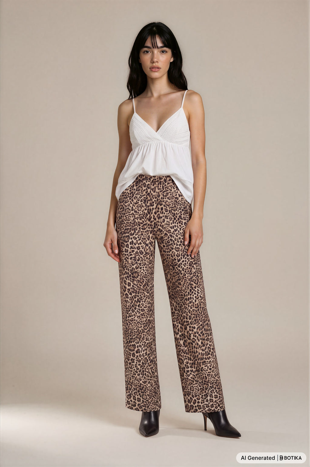 Damskie spodnie w panterkę The Beau z szeroką nogawką, wysoki stan, widok z przodu na modelce.